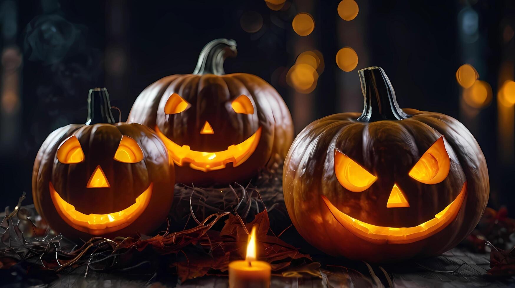 Halloween Event with Glowing Pumpkins and Bokeh Background. Charming, Premium Illustration for Upscale Celebrations. Perfect for Banners and Posters. Spooky Jack-O'-Lanterns for Halloween Festivities photo