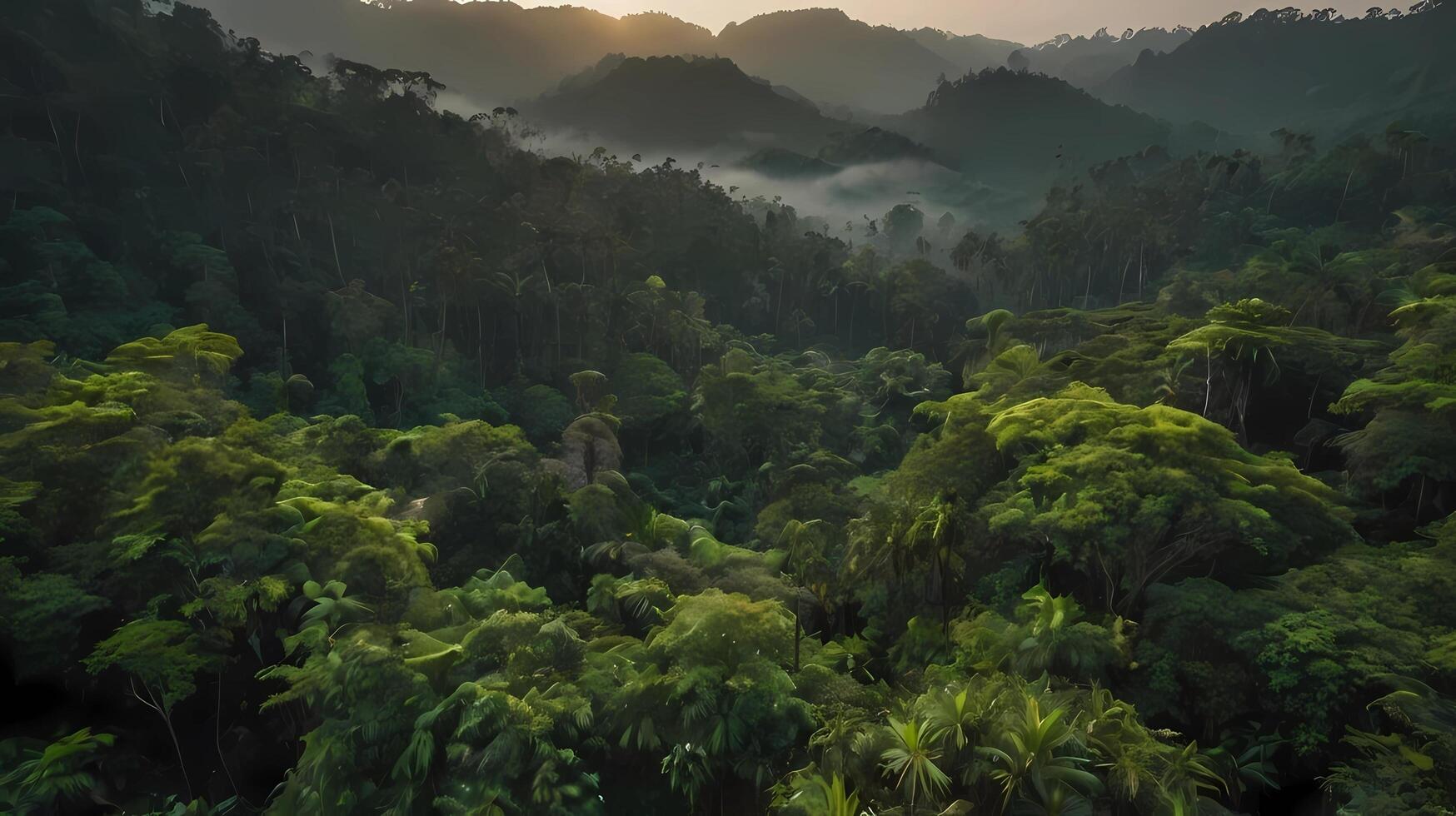 Indonesia's Green Forest. Sky with Thin Mist Between Lush Trees. Serene Nature Scene. Peaceful Tropical Landscape Capturing the Freshness of Early Morning with Dew-Kissed Leaves and Misty Atmosphere photo
