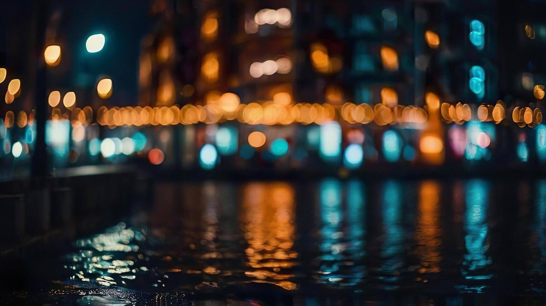 Abstract Bokeh City Lights at Night. Vibrant Urban Glow with Blurred Background. Capturing the Dreamy Atmosphere of Cityscapes after Dark. Soft, Out-of-Focus Lights for a Magical Nighttime Scene photo