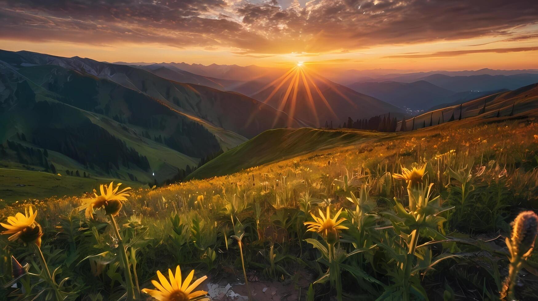 The sun sets behind the mountain ranges above the blooming arnica valley. Location place Carpathian mountains, Ukraine, Europe. Photo wallpaper. Image of magical sunset. Discover the beauty of earth