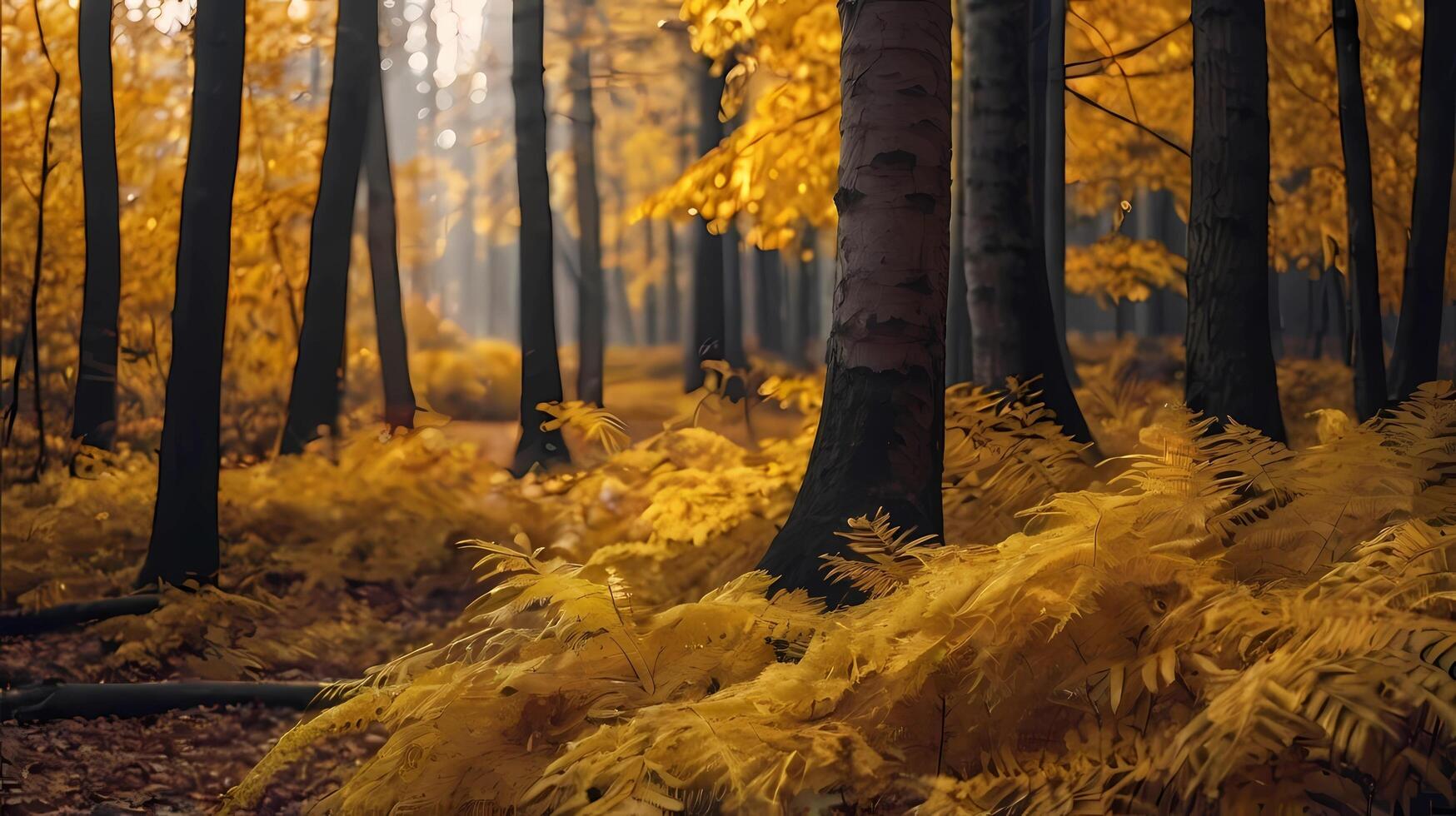Golden Autumn Forest Morning, Tall Trees and Fallen Leaves Carpet the Ground, Serene Nature Landscape with Blurred Background, Tranquil Beauty of Fall Foliage in a Sunlit, Peaceful Woodland Scene photo