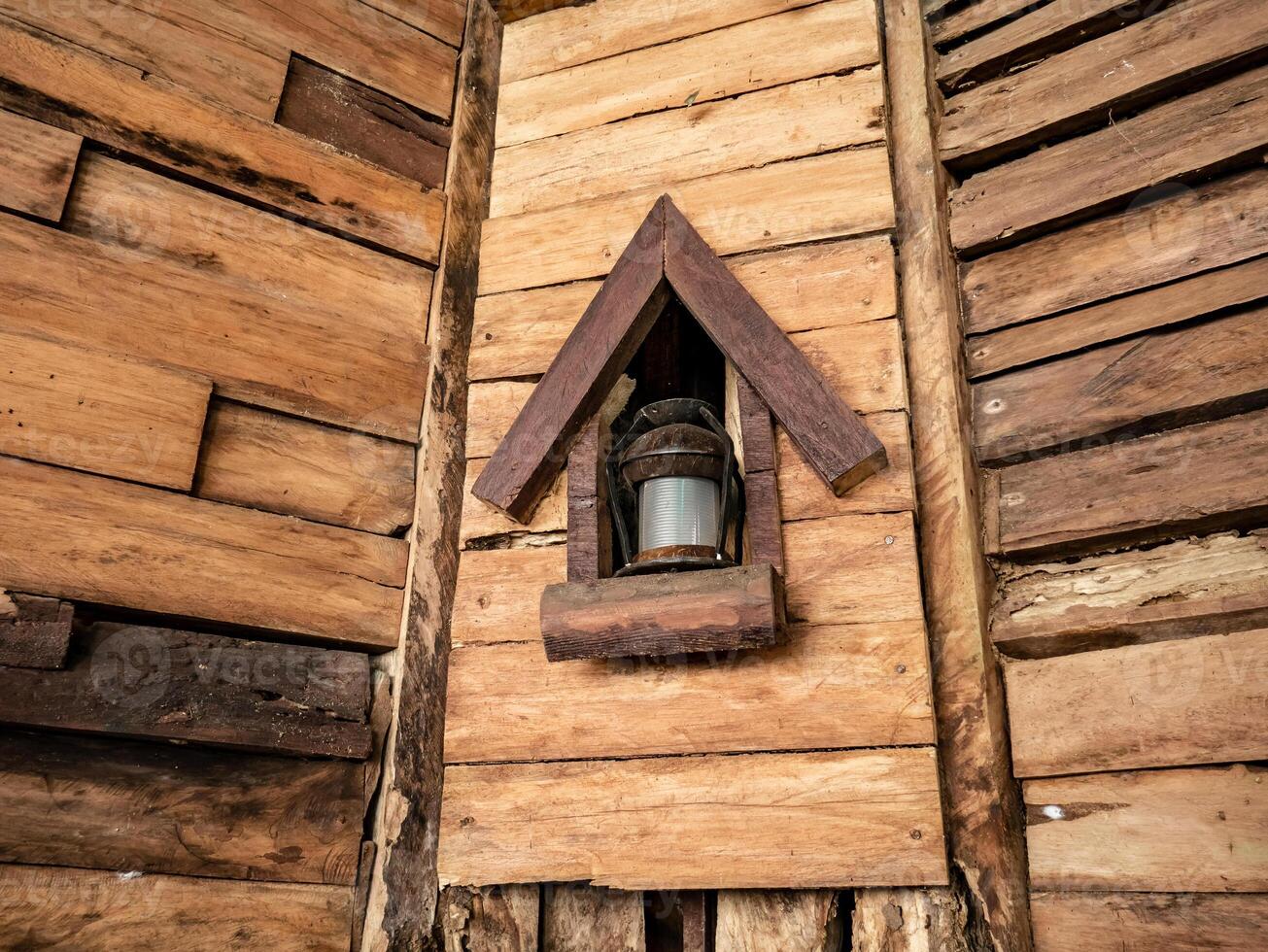 Old lamps that don't work are used as decorations on walls made of wood photo