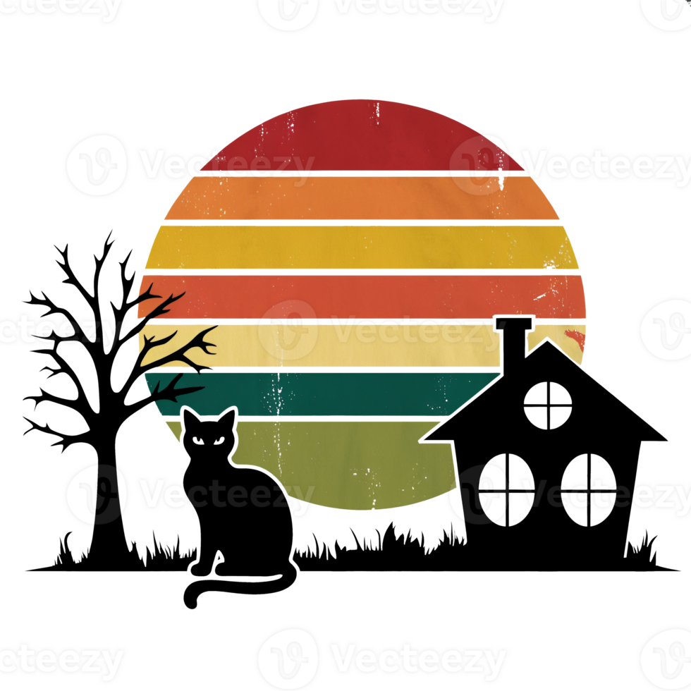 Minimalist silhouette illustration of a cat, tree, and house with retro-style moon in vibrant colors, striking contrast, png