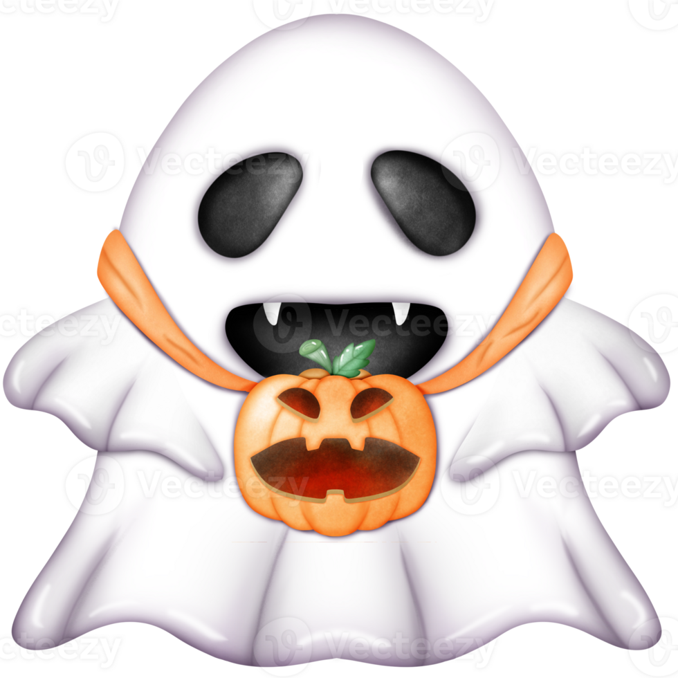 Ghost with fangs holding a jack o lantern png