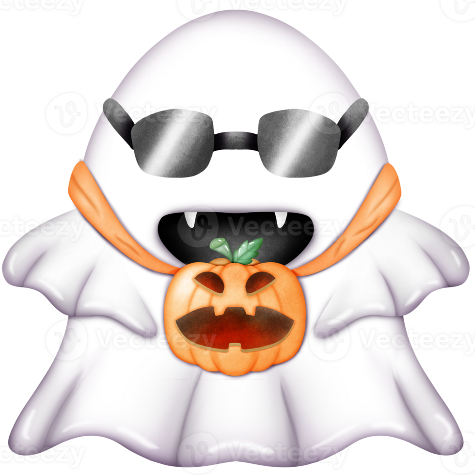 A ghost with fangs wearing glasses and carrying a pumpkin-shaped bag png