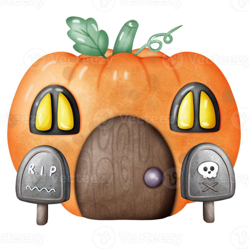 Pumpkin house with a tombstone in front png
