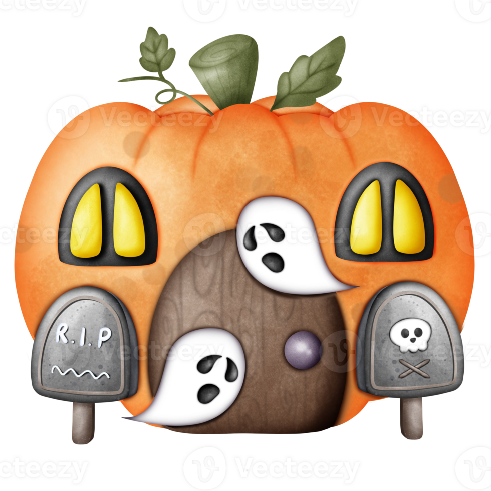 Yellow pumpkin house with a tombstone in front and little ghosts png