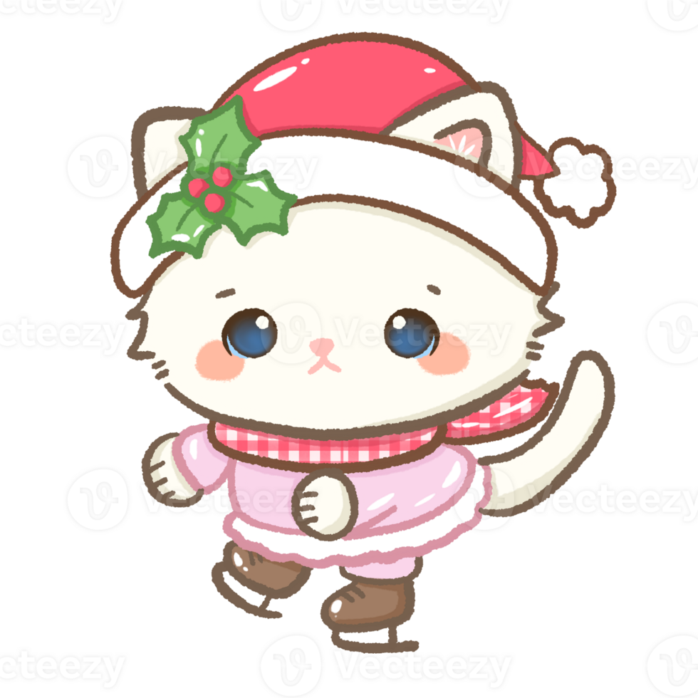 Kawaii Illustration doodle pink Christmas for greeting card, invitation, party Hand drawn cute white cat skating wearting santa hat with holly branch and wearing red checkered scarf and pink sweater png