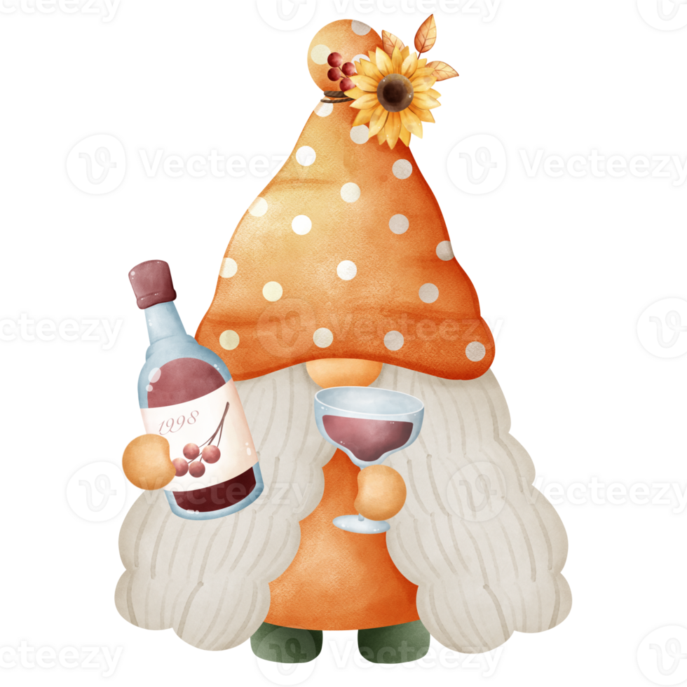 Gnome holding a bottle of wine and a glass of wine png
