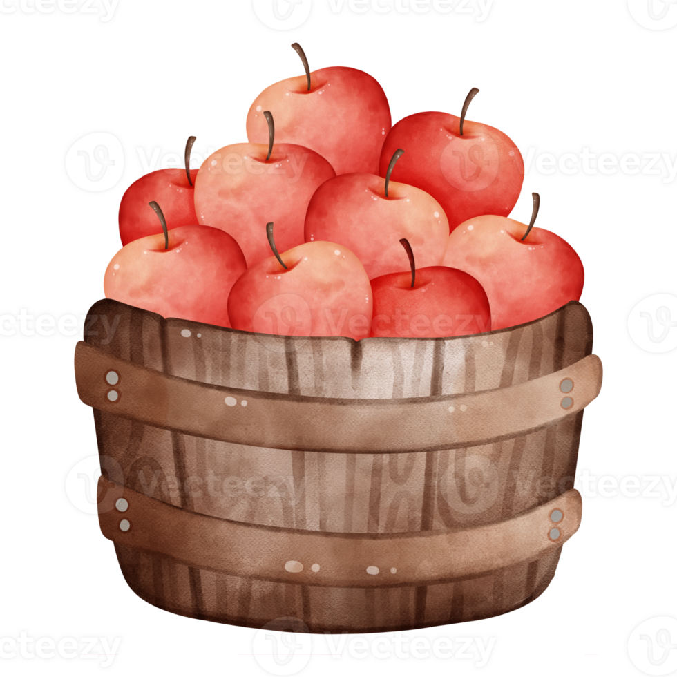 Red apples in a wooden bucket png