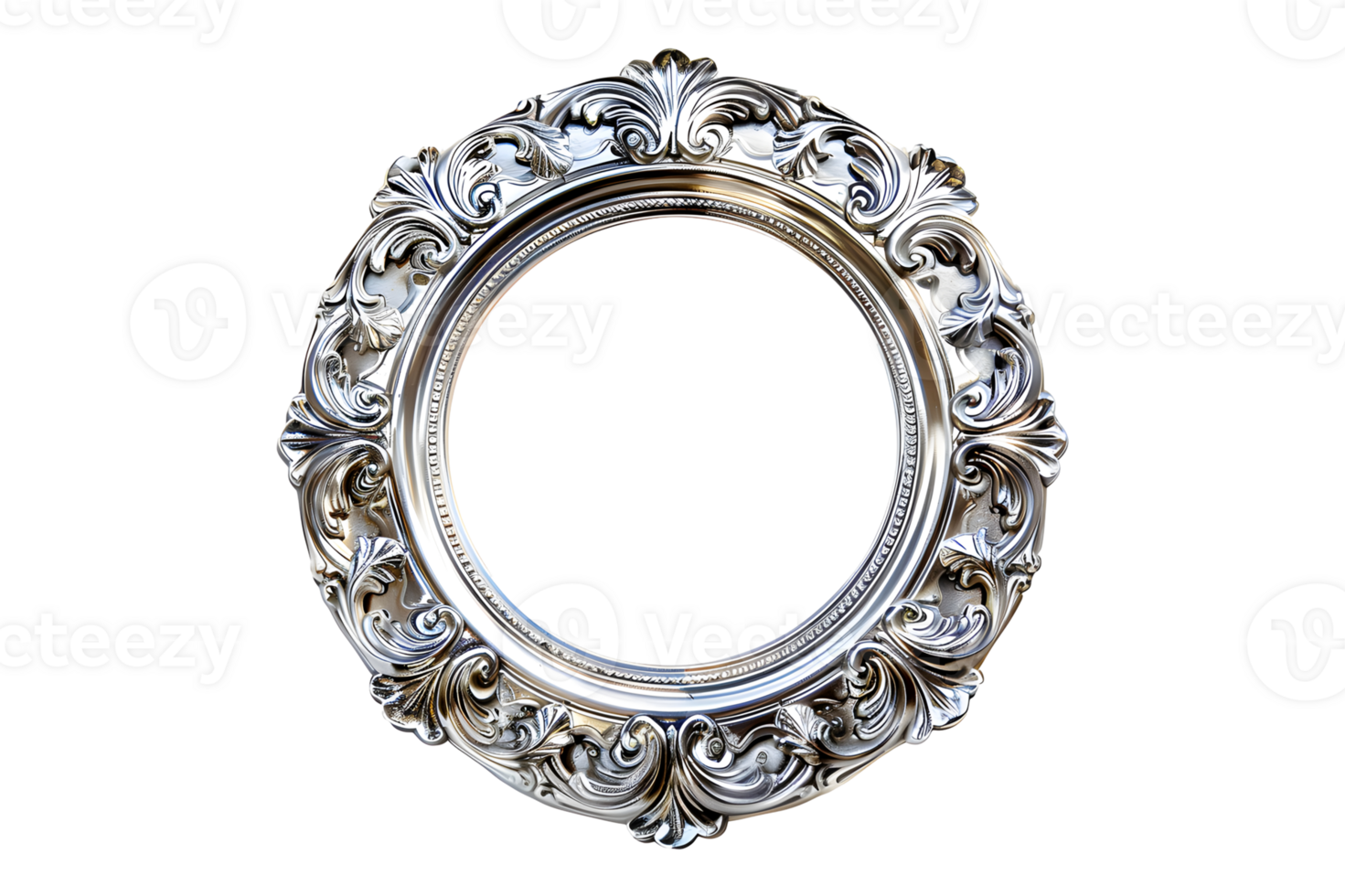 Antique baroque silver wooden round picture frame isolated on transparent background. Decorative elegant frame design, rococo style. png