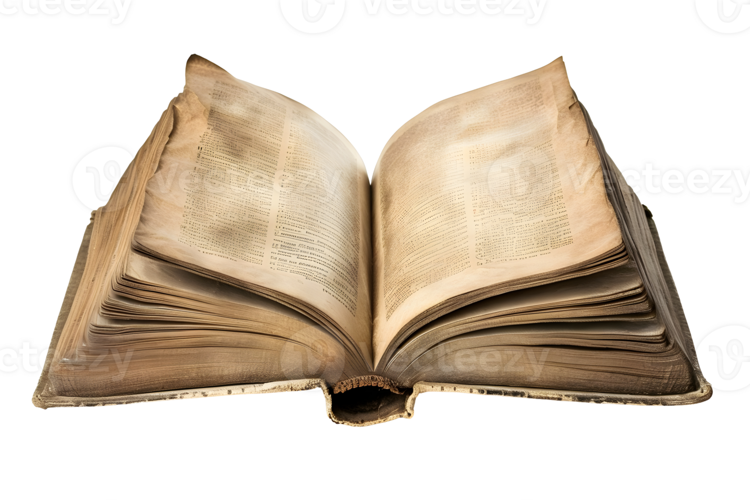 Open old book mockup with used paper pages isolated on transparent background. Flat lay. png