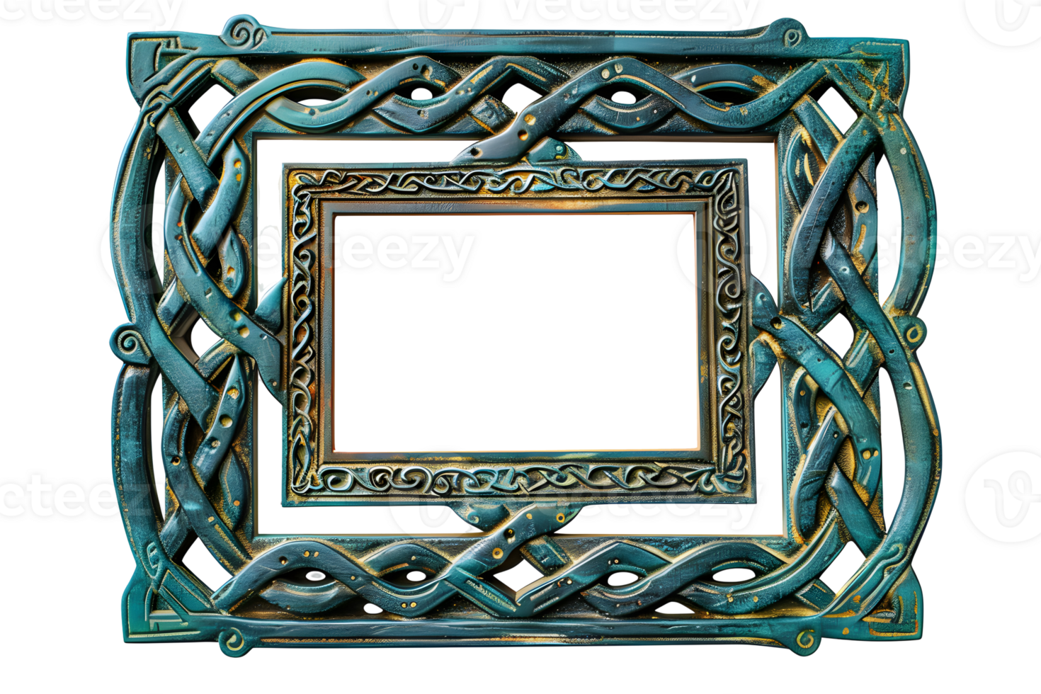 Antique turquoise wooden picture frame isolated on transparent background. Decorative intricate detailed frame design, knot carvings style. , cutout. png
