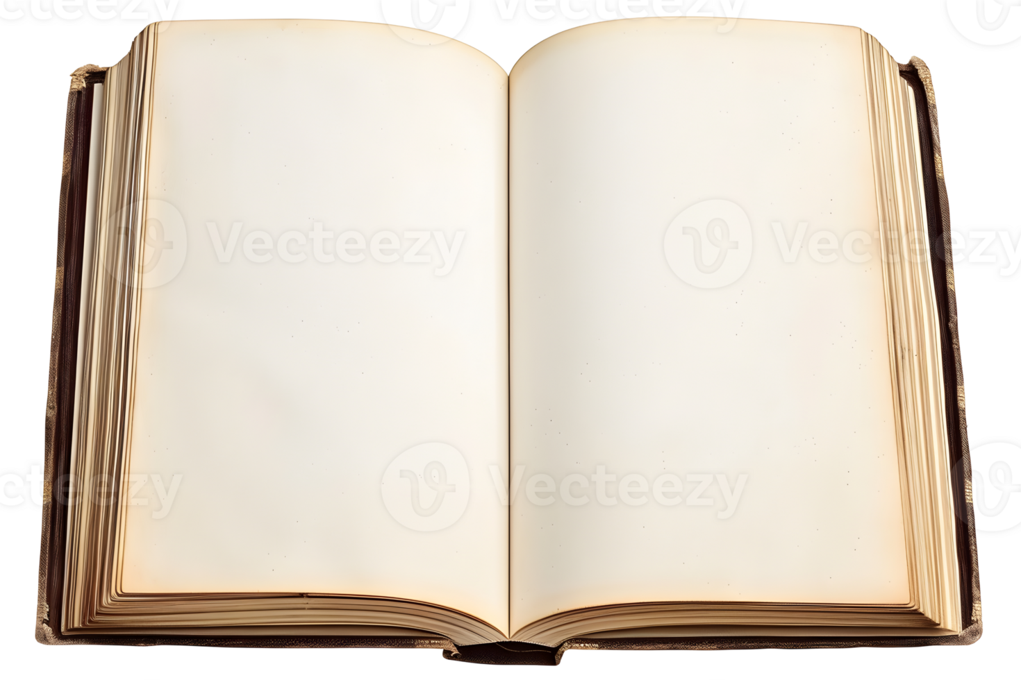 Open old blank book mockup with used paper pages isolated on transparent background, cutout. png
