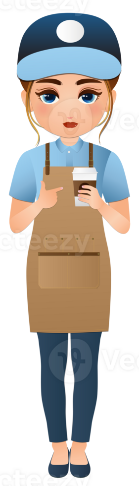 Cute cartoon barista women in apron smiling serving a client at the coffee shop png