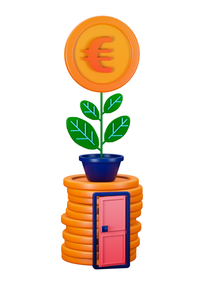 3d transparent render of plants growing from pots above grow coins and open doors for investment and finance. Can be used for banking, financial sector, fintech apps, banners, economic education png