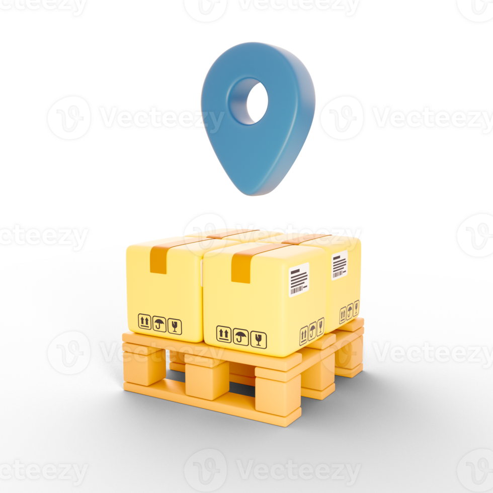 Boxes stacked on top of pallets with location icon on top, 3D icon with logistic transportation concept png