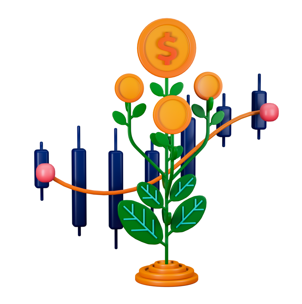 3d transparent render of volatile investment in stocks that generate profits with the metaphor of plants and stacks of coins. Can be used for banking, financial sector, fintech apps, banners, economy png