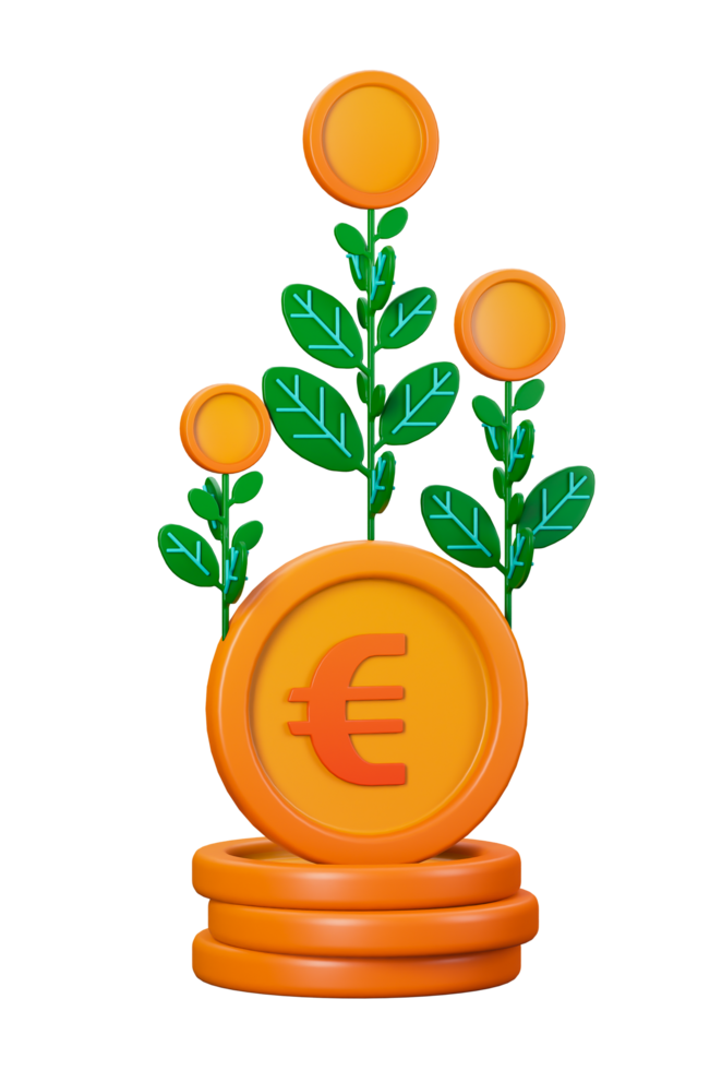 3d transparent render of Euro coins are lushly planted with plants that generate profits and investment returns. Can be used for banking, financial sector, fintech apps, banners, financial and economy png