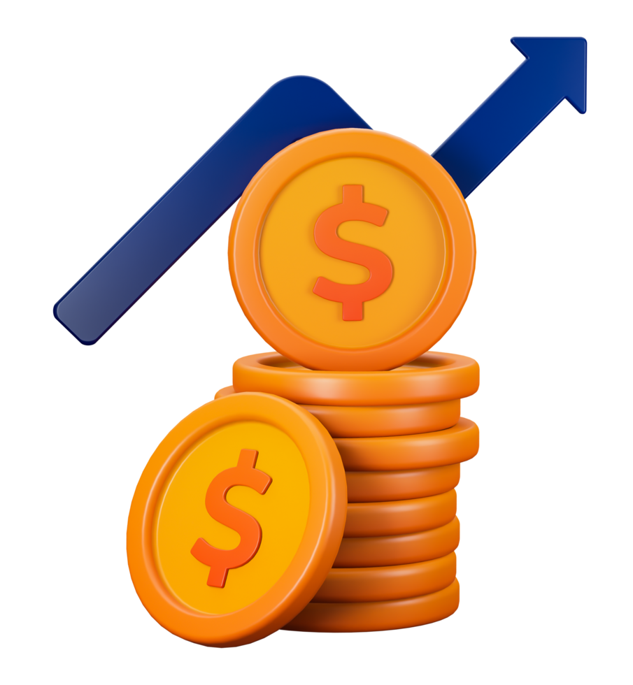 3d transparent render of stack of dollar coins and arrow going up for investment metaphor. Can be used for banking, financial sector, fintech apps, banners, financial and economic education png