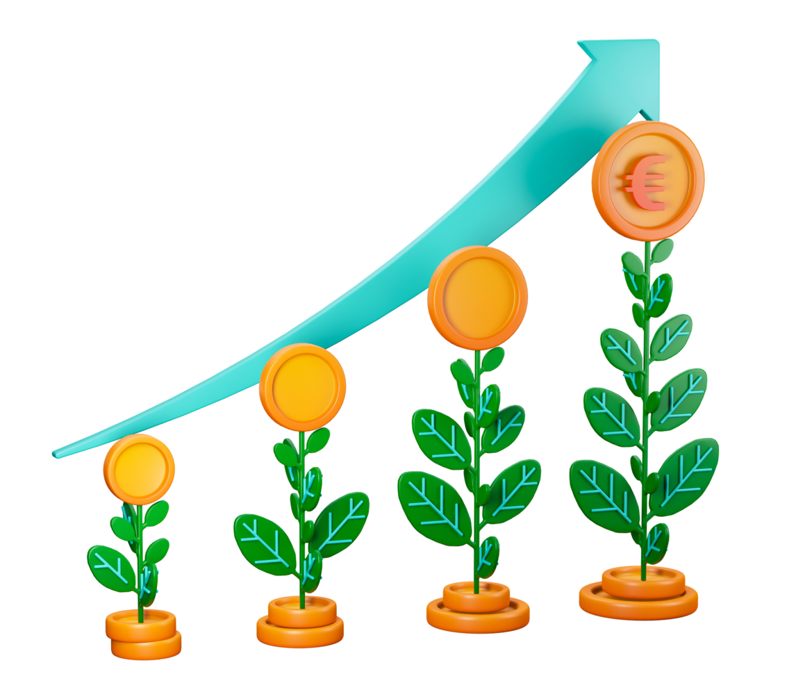 3d transparent render of plants that continue to grow and produce coins for finance and investment. Can be used for banking, financial sector, fintech apps, banners, financial and economic education png