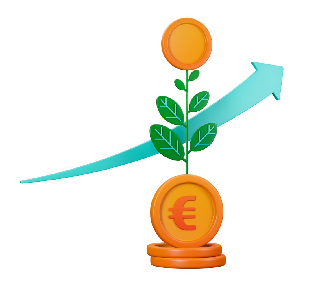 3d transparent render of Profitable Investments with the metaphor of a plant growing from money and flowering profit return. Can be used for banking, financial sector, fintech apps, banners, economy png