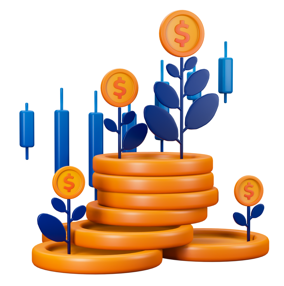 3d transparent render of Investments Flourishing Profits from capital in stock market metaphor of pile of money, plants, candlesticks. Can be used for banking, financial sector, fintech apps, banners png