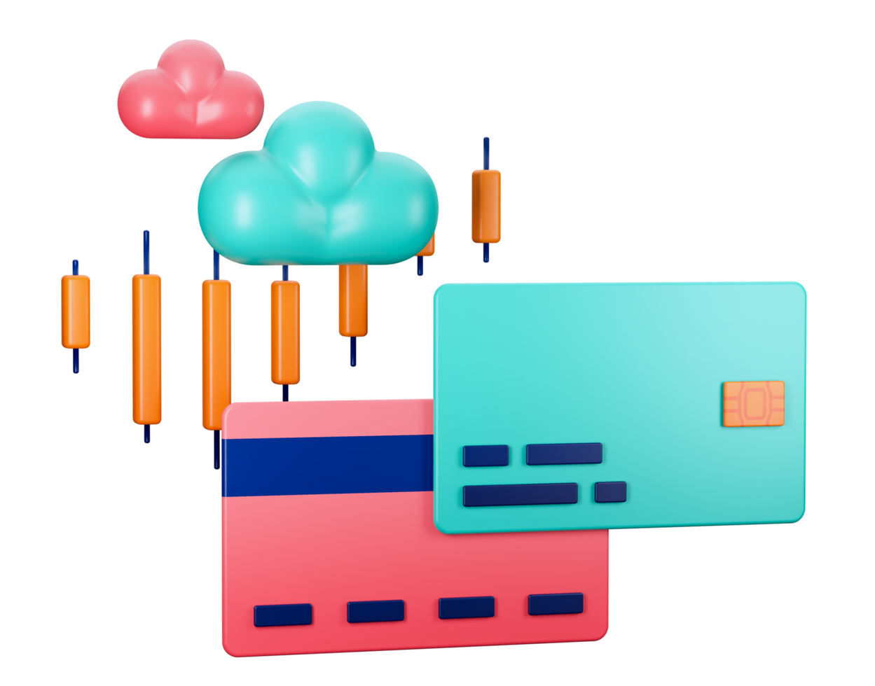 3d render of banking facilities such as debit and credit cards with the help of financial tech to help invest in the stock market. Can be used for banking, economy sector, fintech apps or banner png