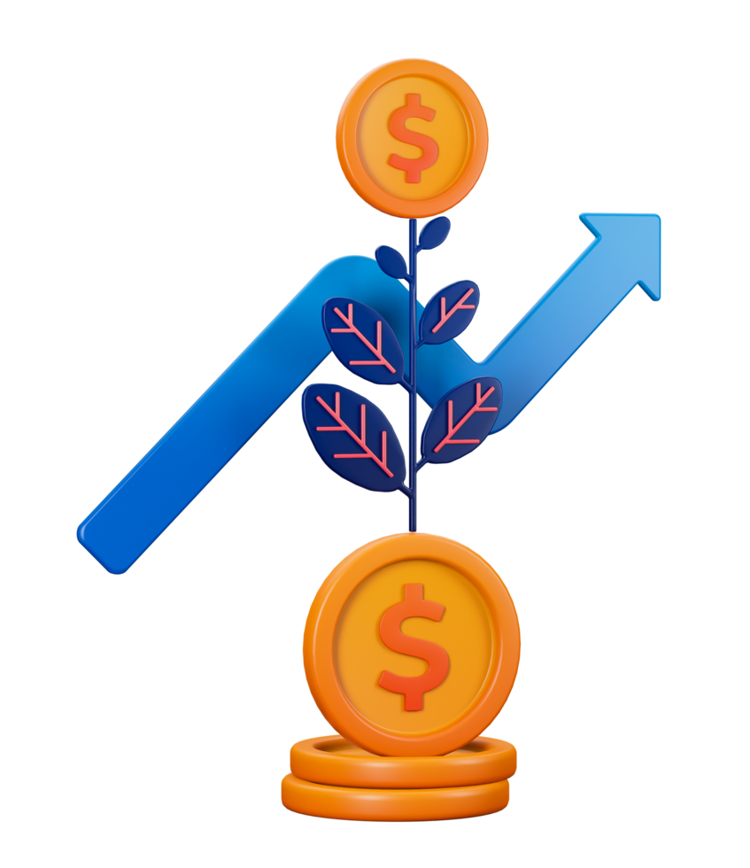 3d transparent render of Growing Your Financial dan fund with metaphor of coins growing on coin plants that continue to grow. Can be used for banking, financial sector, fintech apps, banners, economy png