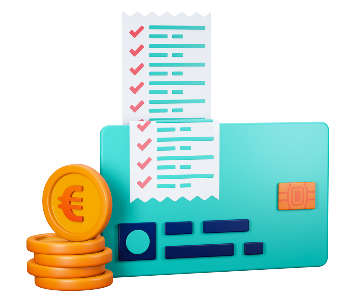 3d render of credit cards in pile of coins and receipts that are checked for financial wish list that is obtained from debt. Can be used for banking, financial sector, fintech apps, economy png