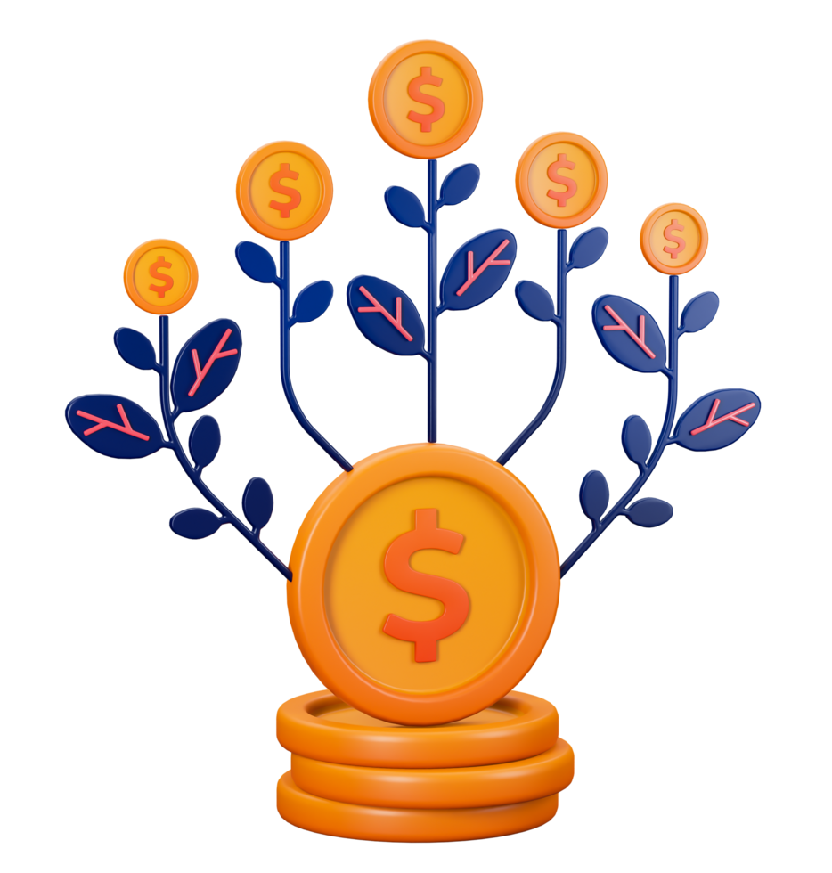 3d transparent render of dollar coins with lots of plants growing on and producing interest such as profits and returns for investment. Can be used for banking, financial sector, fintech apps, economy png
