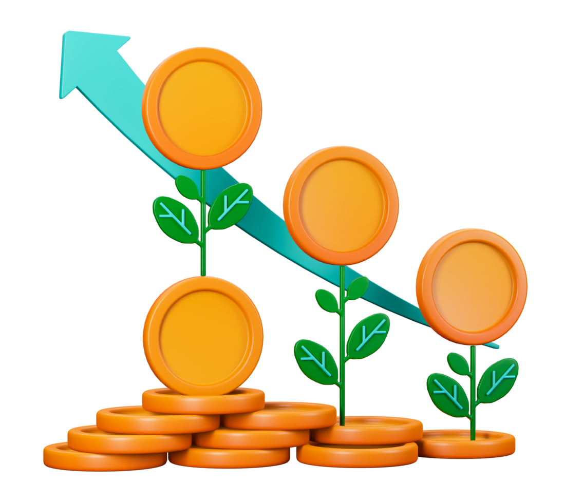 3d transparent render of Money in Bloom on profit and fund with metaphor of spilled money that grows and produces fresh funds. Can be used for banking, financial sector, fintech apps, banners, economy png