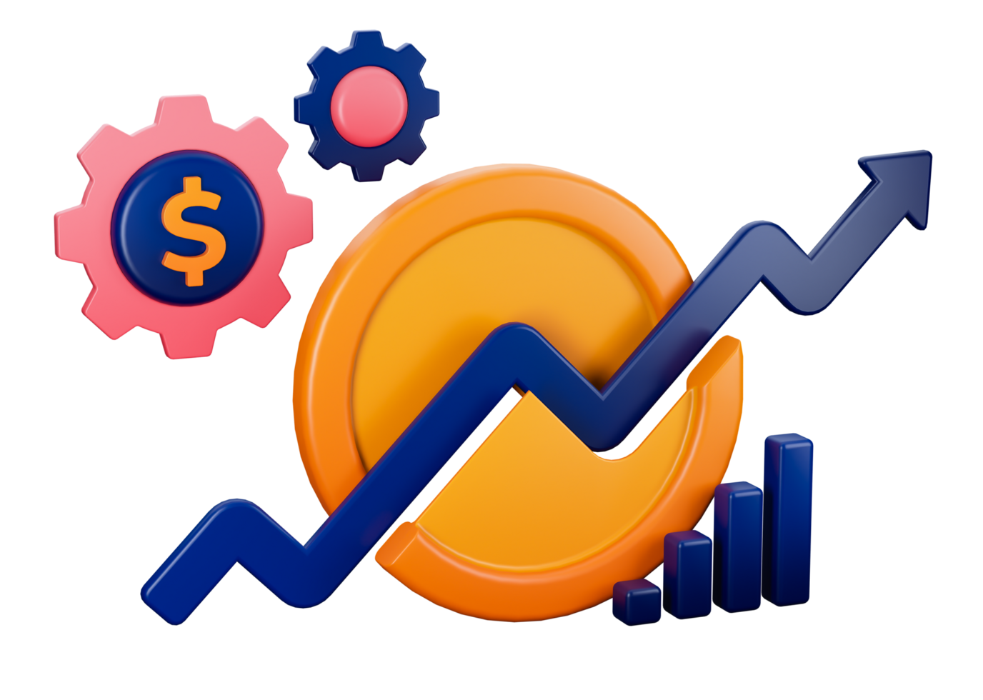3d transparent render of split coin money and produce an upward graph on finance and investment. Can be used for banking, financial sector, fintech apps, banners, financial and economic education png
