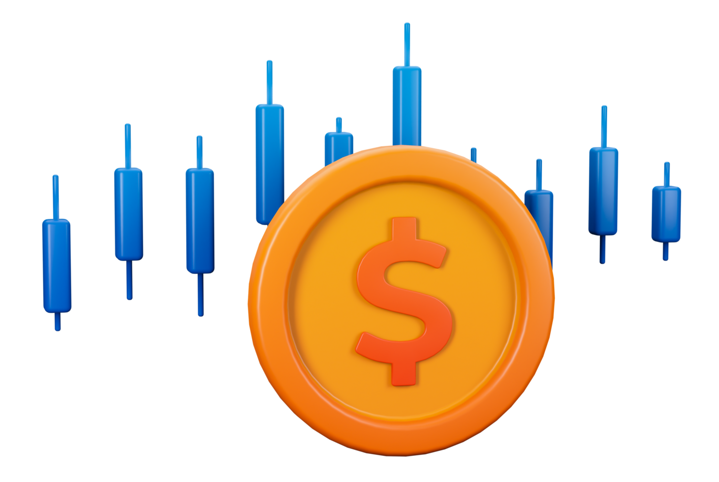 3d transparent render of dollar coin with candlestick on the back for financial sector stock investment metaphor. Can be used for banking, financial sector, fintech apps, banners, economic education png