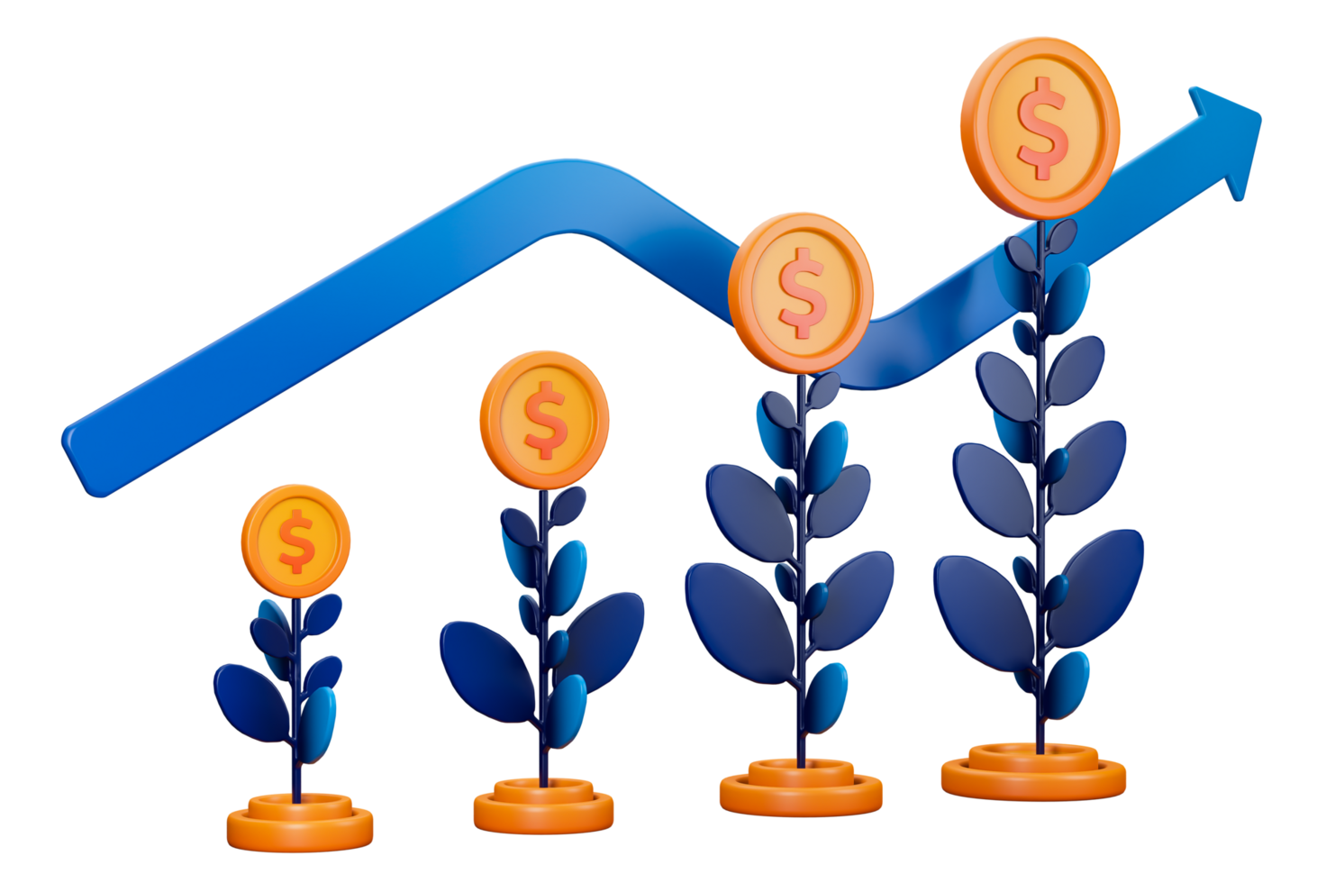 3d transparent render of financial investment with the metaphor of coin growing and producing other coins as profit or return. Can be used for banking, financial sector, fintech apps, banners, economy png