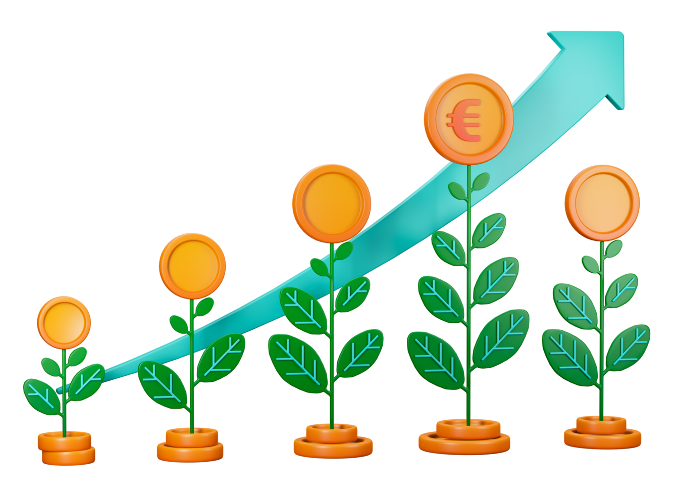 3d transparent render of Harvesting Wealth and return of investment in finance with metaphor of plant growing to produce money. Can be used for banking, financial sector, fintech apps, banner, economy png