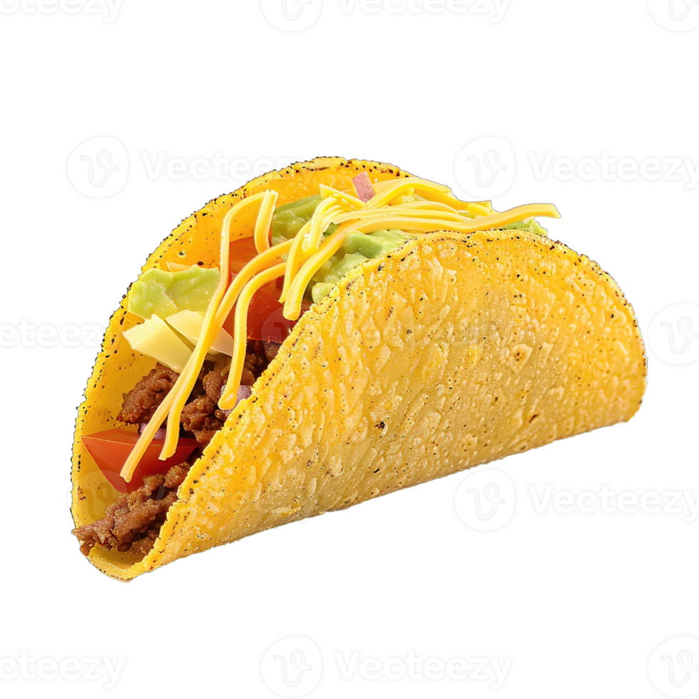 A Hard Shell Taco with Tomatoes, Cheese and Avocado, Transparent Background png