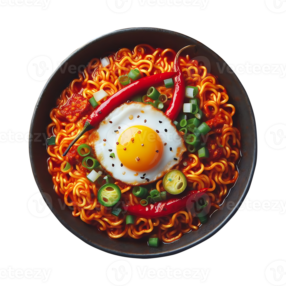 Spicy Asian noodles with vegetables, Japanese on transparent background ramen noodles, Ramyeon Korean noodles, Chinese noodle soup with boiled egg png