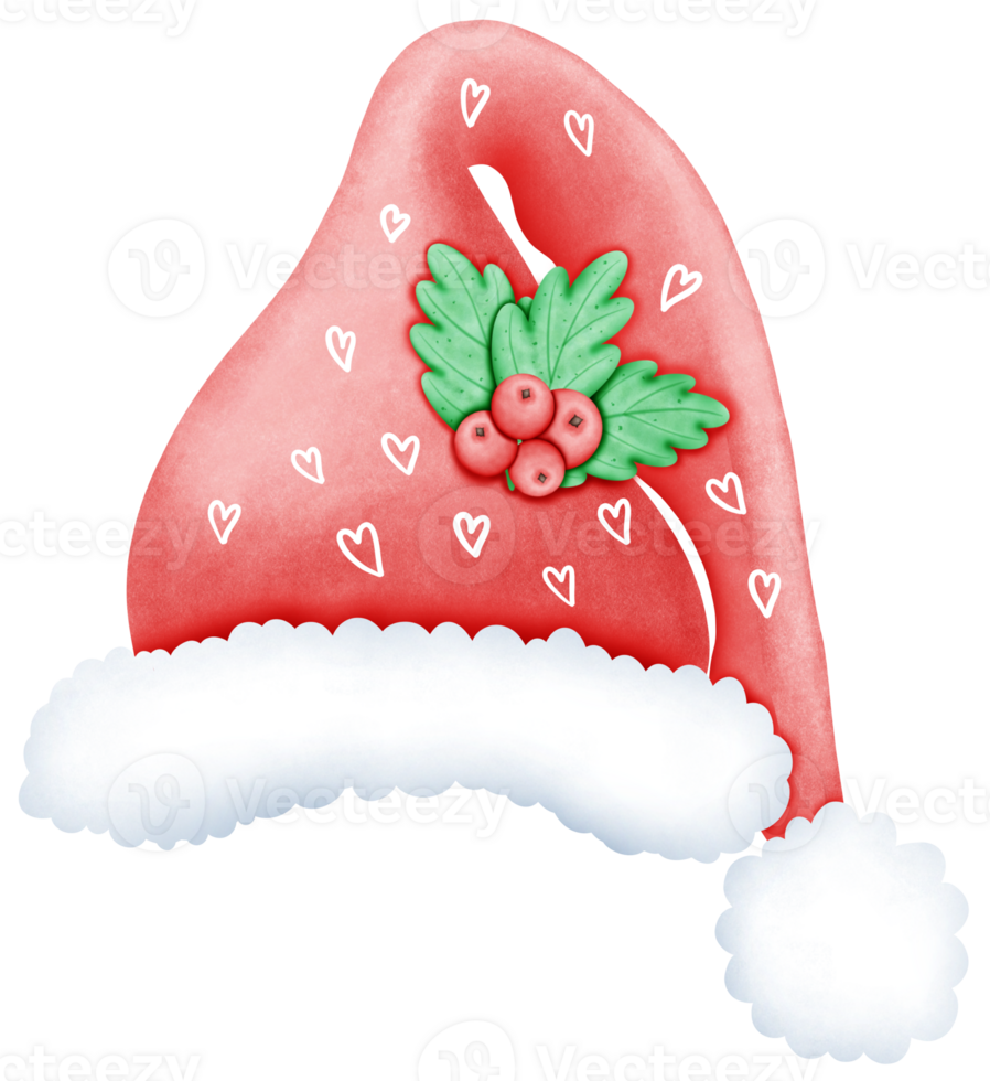 Delicate Hand Drawn Watercolor Red Christmas hat with heart pattern with Whimsical and Cozy Design in Soft Tones png