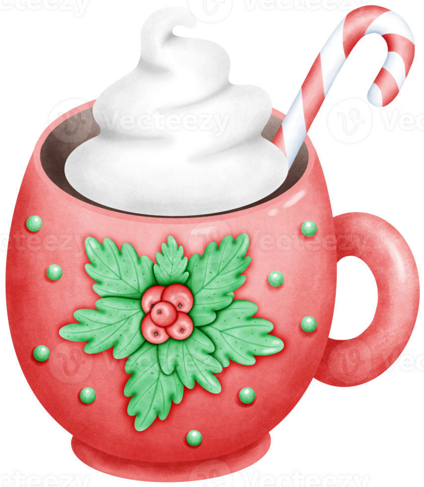 Watercolor Cute Hand Drawn red Christmas Mug with cocoa and whipped cream Illustration with Festive Holiday Design for Cozy Art png