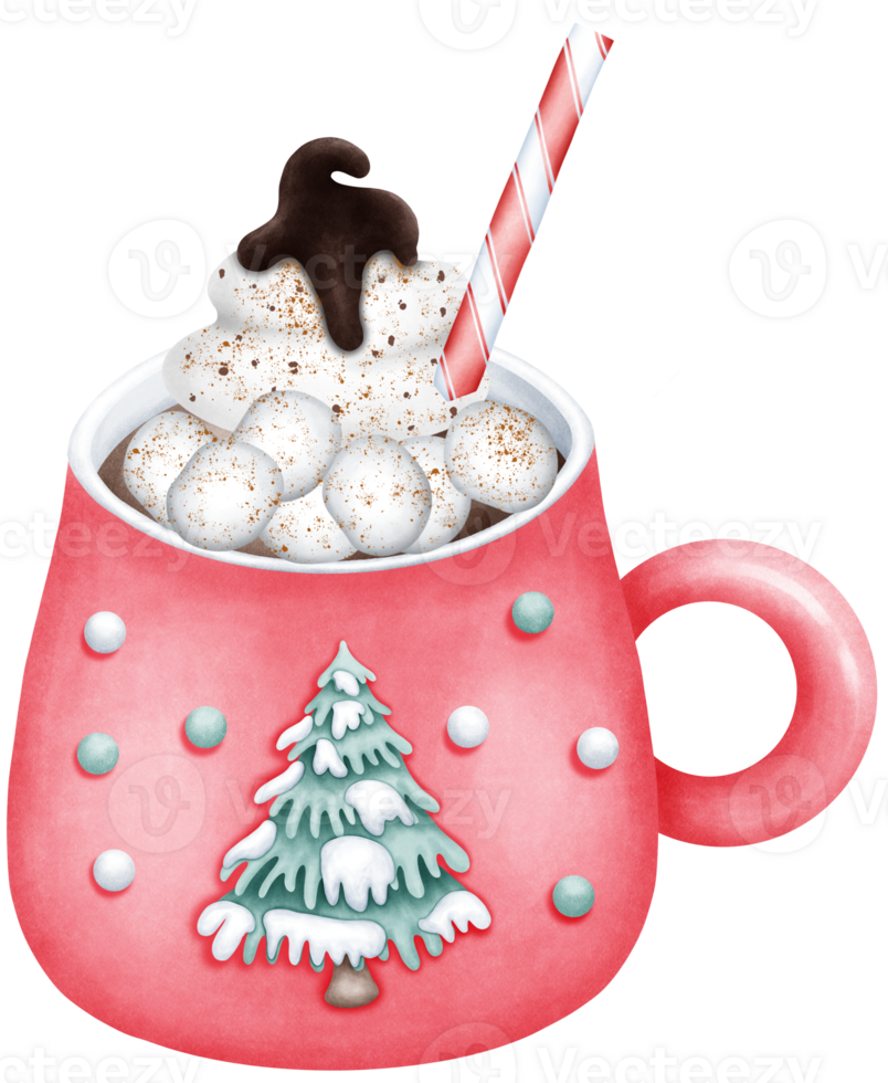Watercolor Cute Hand Drawn red Christmas Mug with sugar and chocolate. Illustration with Festive Holiday Design for Cozy Art png
