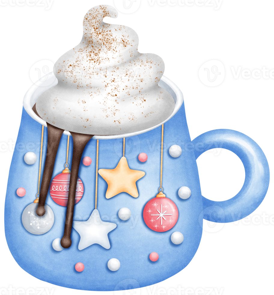 Watercolor Cute Hand Drawn blue Christmas Mug with cocoa whipped cream and cinnamon. Illustration with Festive Holiday Design for Cozy Art png