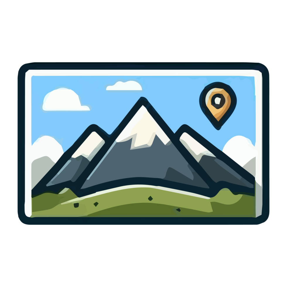 A map with mountains and a pin on it png