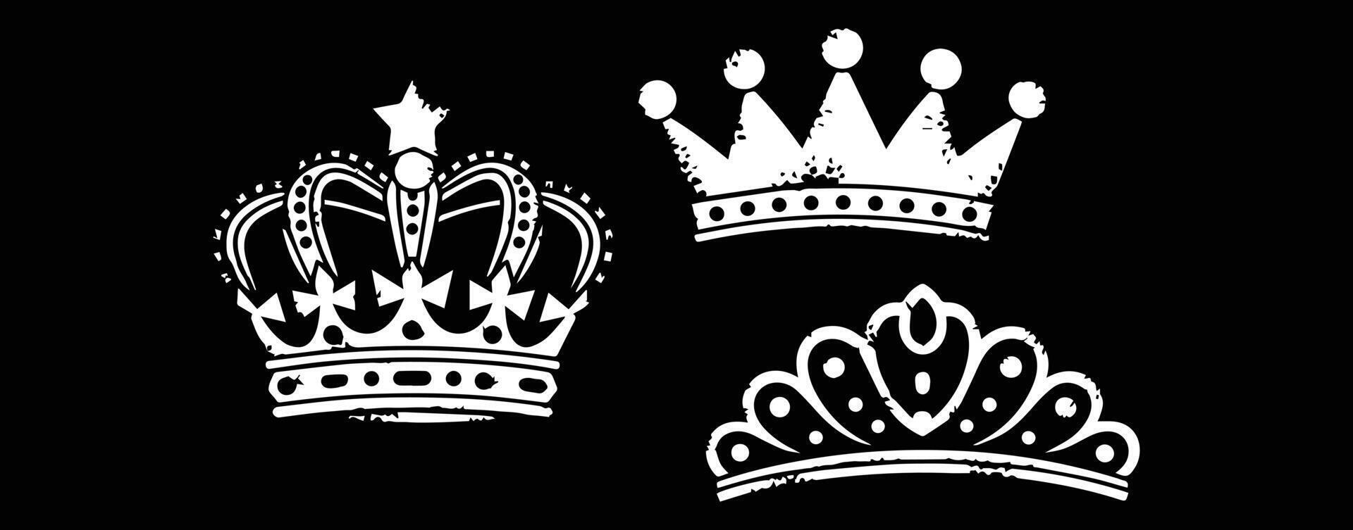 A set of bold grunge king crowns against a black background vector