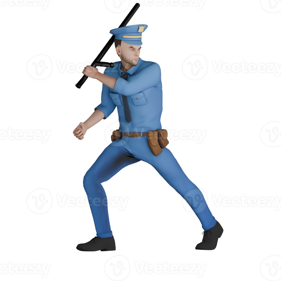 3D Professional in Cartoon Law. A male police officer is holding a tofan with his left hand and is in a ready position. Male Police png