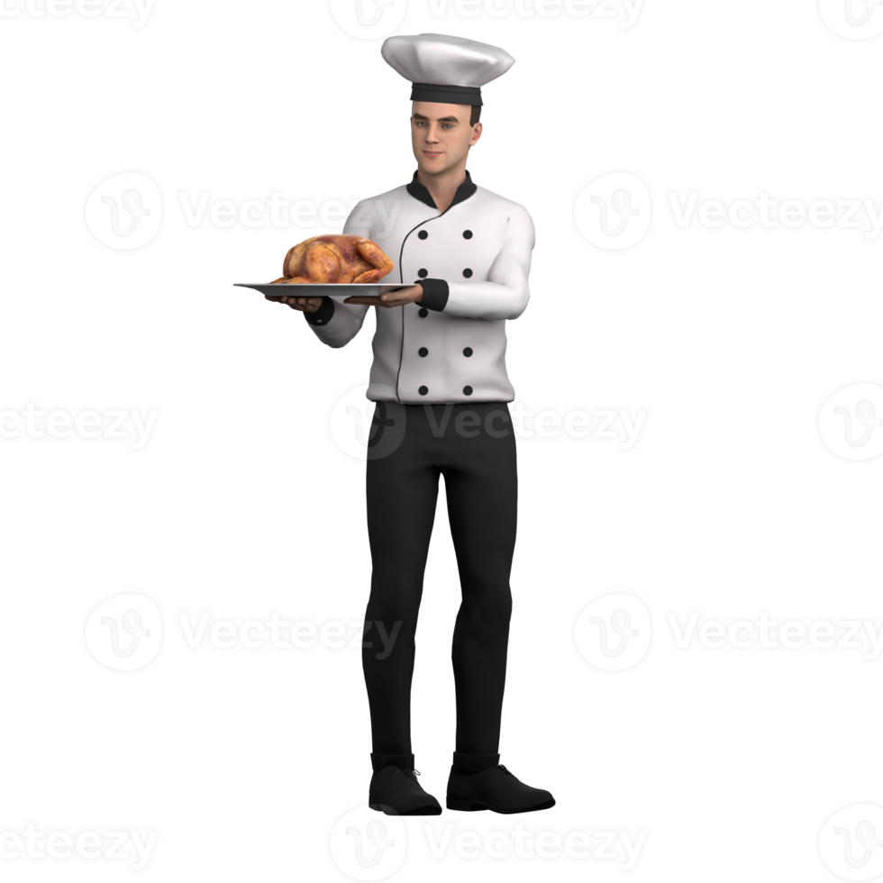 Male Chef Character. A male chef is standing carrying roast chicken on a plate with both hands. 3D Kitchen Style png