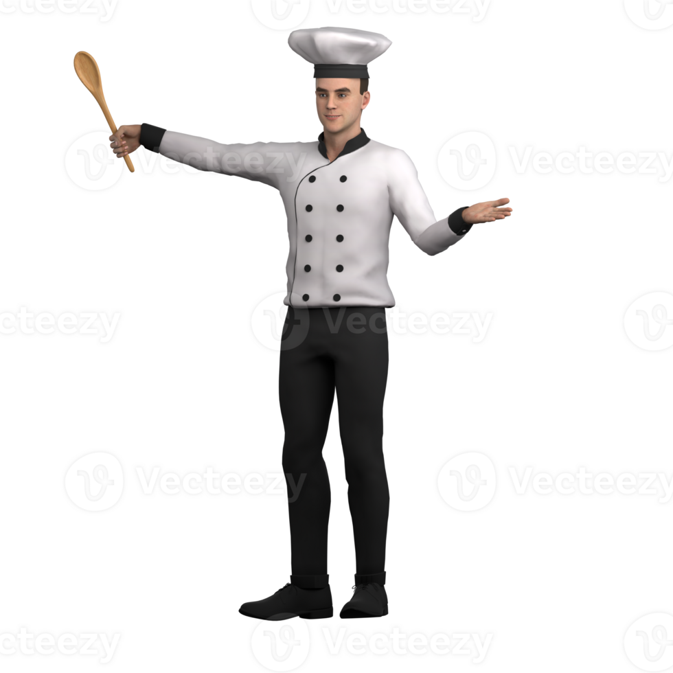 Professional Chef 3D Art. A male chef is standing with one hand holding a wooden spoon, while the other hand is open as if welcoming a guest. Male Character png