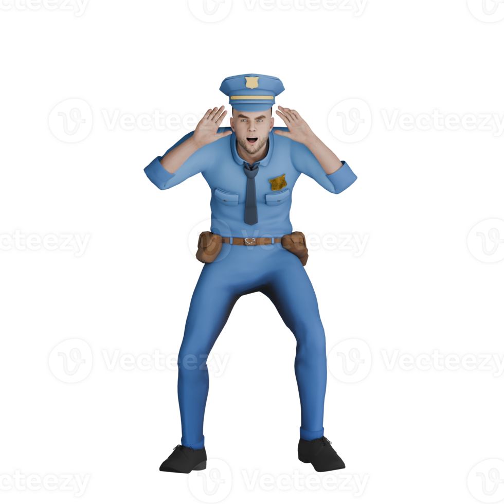 Law Cartoon Cop Professional in 3D. A male police officer is standing slightly bent over while both his hands are raised in line with his ears as if observing. Male png