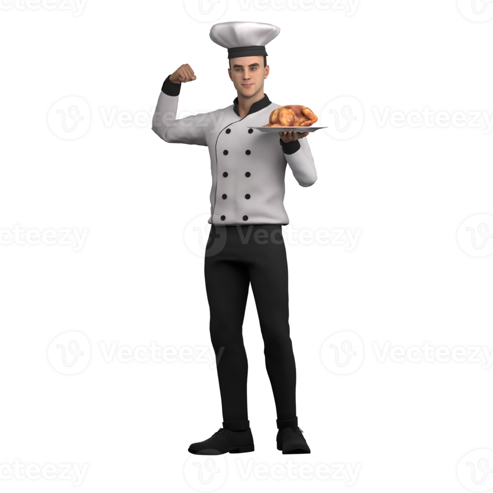 Professional Male Chef in 3D. A male chef is standing with his left hand holding a plate containing a chicken ingkung dish while his right hand is raised with clenched fingers. Kitchen Dynamics png