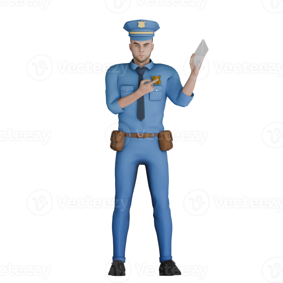 3D Cartoon Cop Male in Professional Setting. A male police officer is standing with his left hand raised and his right hand holding his left chest. Police png